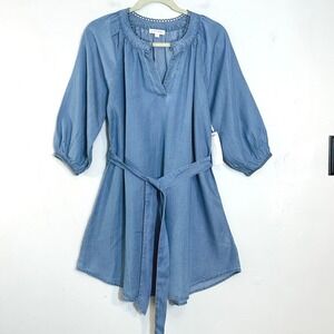 By The River Chambray Blue Split Neck Belted Mini Dress Medium Boho Prairie